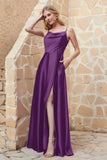 Cowl Neck Satin Floor Length Bridesmaid Dress with Pockets Long Formal Evening Dresses with Slit