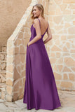Cowl Neck Satin Floor Length Bridesmaid Dress with Pockets Long Formal Evening Dresses with Slit