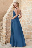 Cowl Neck Satin Floor Length Bridesmaid Dress with Pockets Long Formal Evening Dresses with Slit