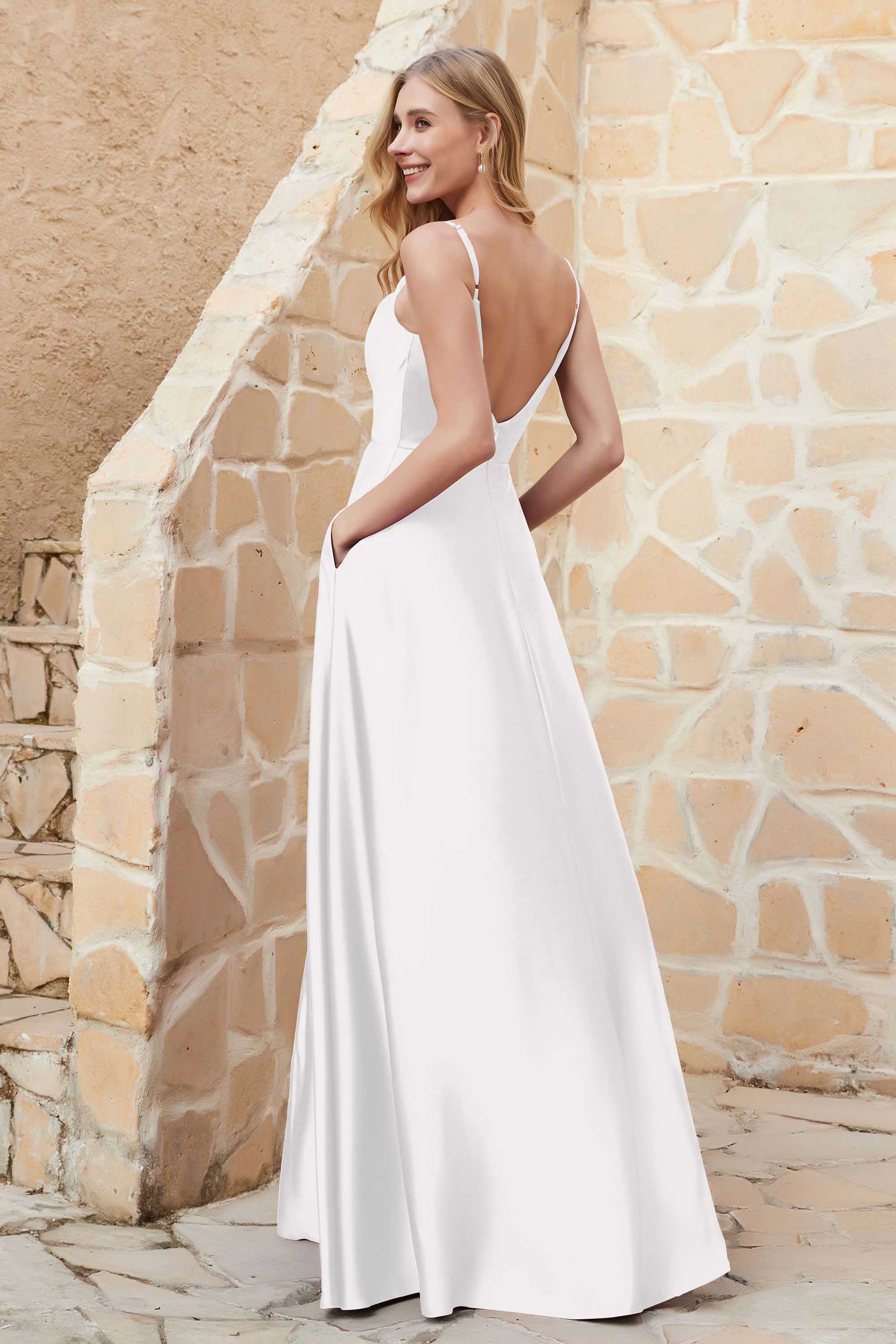 Cowl Neck Satin Floor Length Bridesmaid Dress with Pockets Long Formal Evening Dresses with Slit