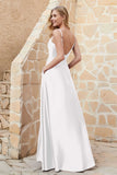 Cowl Neck Satin Floor Length Bridesmaid Dress with Pockets Long Formal Evening Dresses with Slit