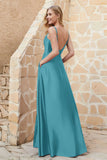 Cowl Neck Satin Floor Length Bridesmaid Dress with Pockets Long Formal Evening Dresses with Slit