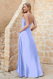 Cowl Neck Satin Floor Length Bridesmaid Dress with Pockets Long Formal Evening Dresses with Slit