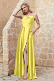 Cowl Neck Satin Floor Length Bridesmaid Dress with Pockets Long Formal Evening Dresses with Slit