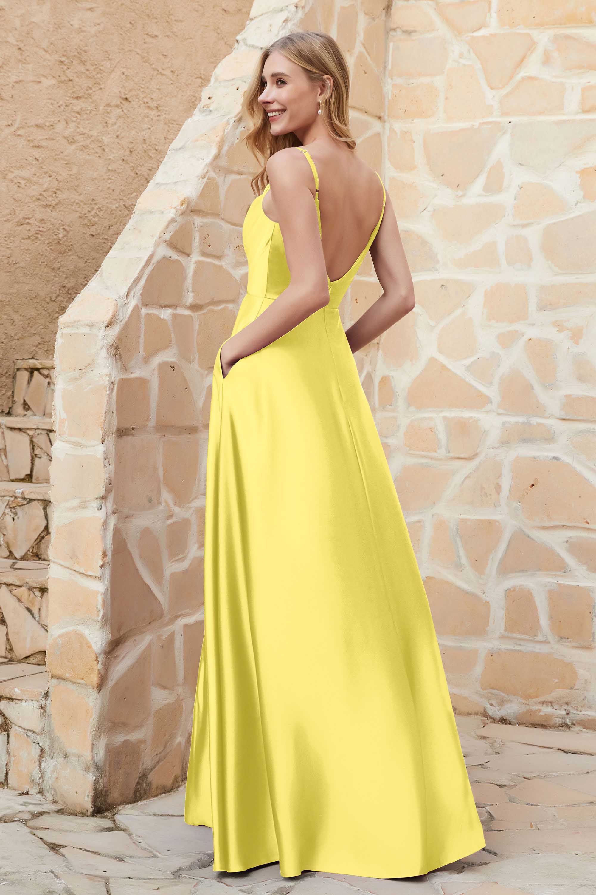 Cowl Neck Satin Floor Length Bridesmaid Dress with Pockets Long Formal Evening Dresses with Slit