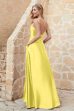 Cowl Neck Satin Floor Length Bridesmaid Dress with Pockets Long Formal Evening Dresses with Slit