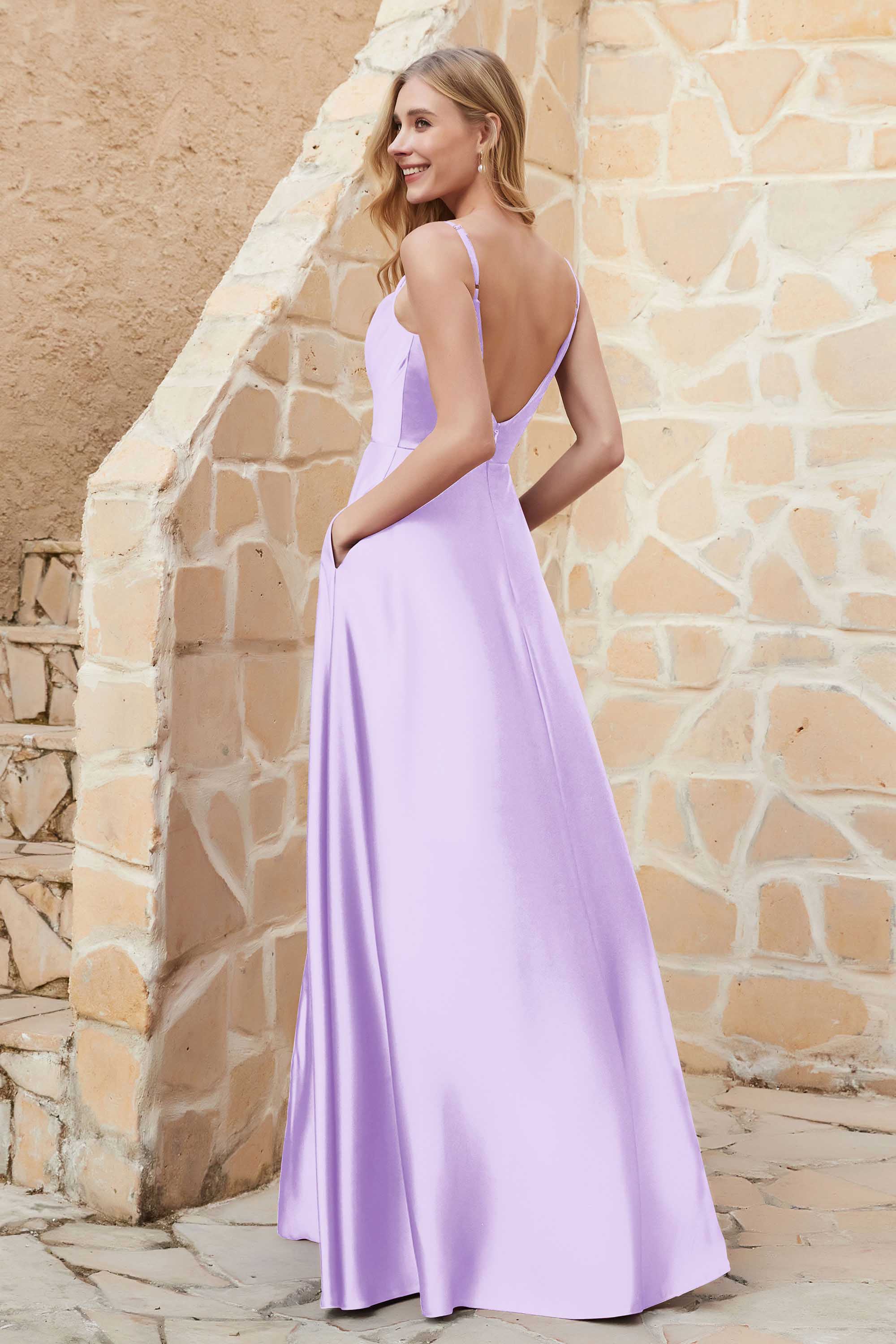 Cowl Neck Satin Floor Length Bridesmaid Dress with Pockets Long Formal Evening Dresses with Slit