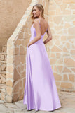 Cowl Neck Satin Floor Length Bridesmaid Dress with Pockets Long Formal Evening Dresses with Slit