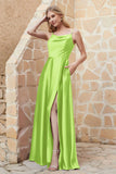 Cowl Neck Satin Floor Length Bridesmaid Dress with Pockets Long Formal Evening Dresses with Slit