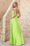 Cowl Neck Satin Floor Length Bridesmaid Dress with Pockets Long Formal Evening Dresses with Slit
