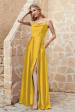 Cowl Neck Satin Floor Length Bridesmaid Dress with Pockets Long Formal Evening Dresses with Slit