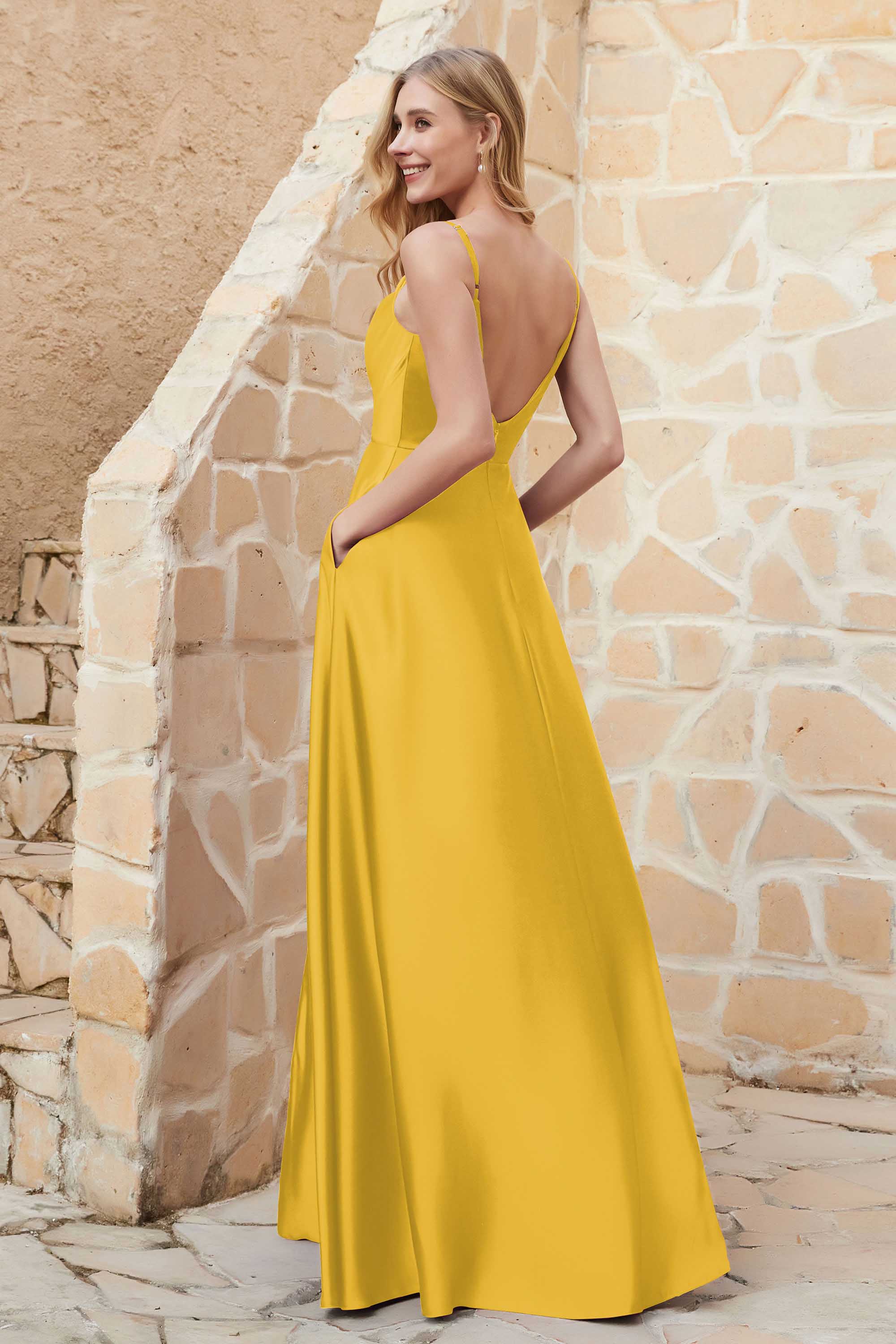 Cowl Neck Satin Floor Length Bridesmaid Dress with Pockets Long Formal Evening Dresses with Slit