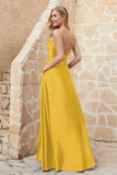 Cowl Neck Satin Floor Length Bridesmaid Dress with Pockets Long Formal Evening Dresses with Slit