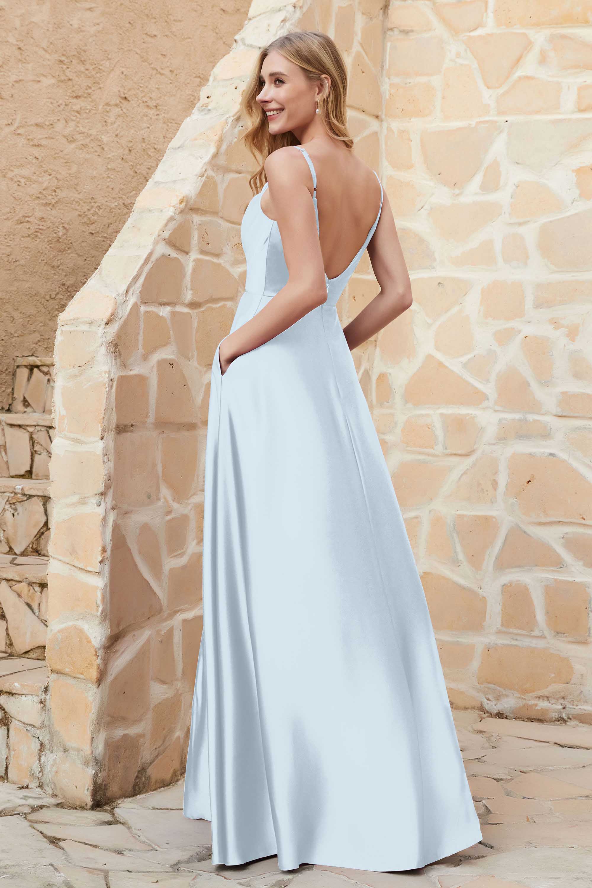 Cowl Neck Satin Floor Length Bridesmaid Dress with Pockets Long Formal Evening Dresses with Slit