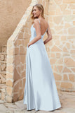 Cowl Neck Satin Floor Length Bridesmaid Dress with Pockets Long Formal Evening Dresses with Slit