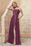 Cowl Neck Satin Floor Length Bridesmaid Dress with Pockets Long Formal Evening Dresses with Slit