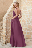 Cowl Neck Satin Floor Length Bridesmaid Dress with Pockets Long Formal Evening Dresses with Slit