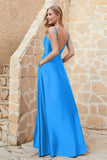 Cowl Neck Satin Floor Length Bridesmaid Dress with Pockets Long Formal Evening Dresses with Slit