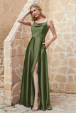 Cowl Neck Satin Floor Length Bridesmaid Dress with Pockets Long Formal Evening Dresses with Slit