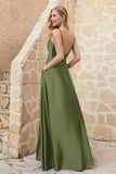 Cowl Neck Satin Floor Length Bridesmaid Dress with Pockets Long Formal Evening Dresses with Slit