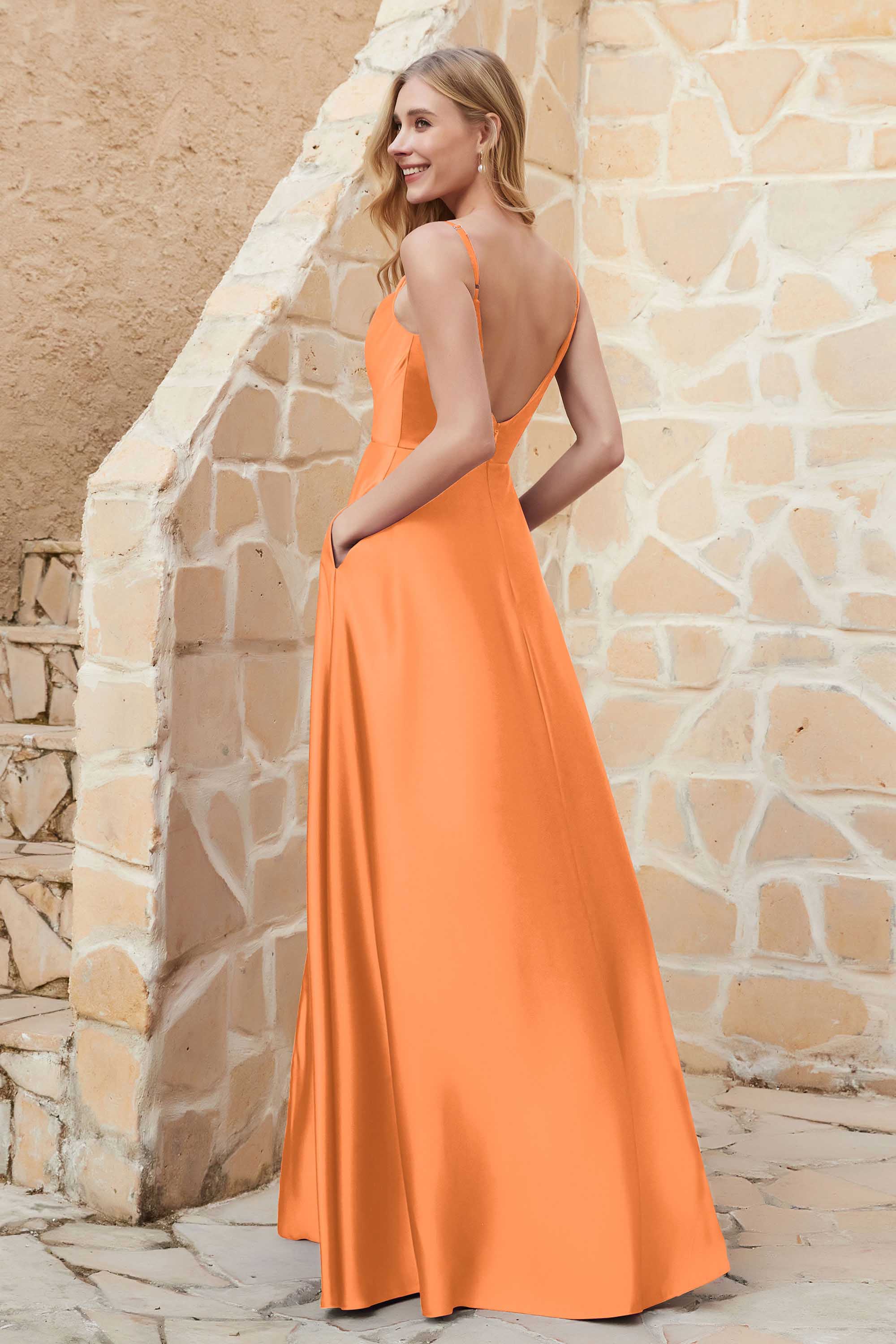 Cowl Neck Satin Floor Length Bridesmaid Dress with Pockets Long Formal Evening Dresses with Slit
