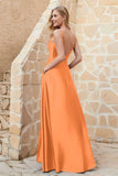 Cowl Neck Satin Floor Length Bridesmaid Dress with Pockets Long Formal Evening Dresses with Slit