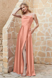 Cowl Neck Satin Floor Length Bridesmaid Dress with Pockets Long Formal Evening Dresses with Slit