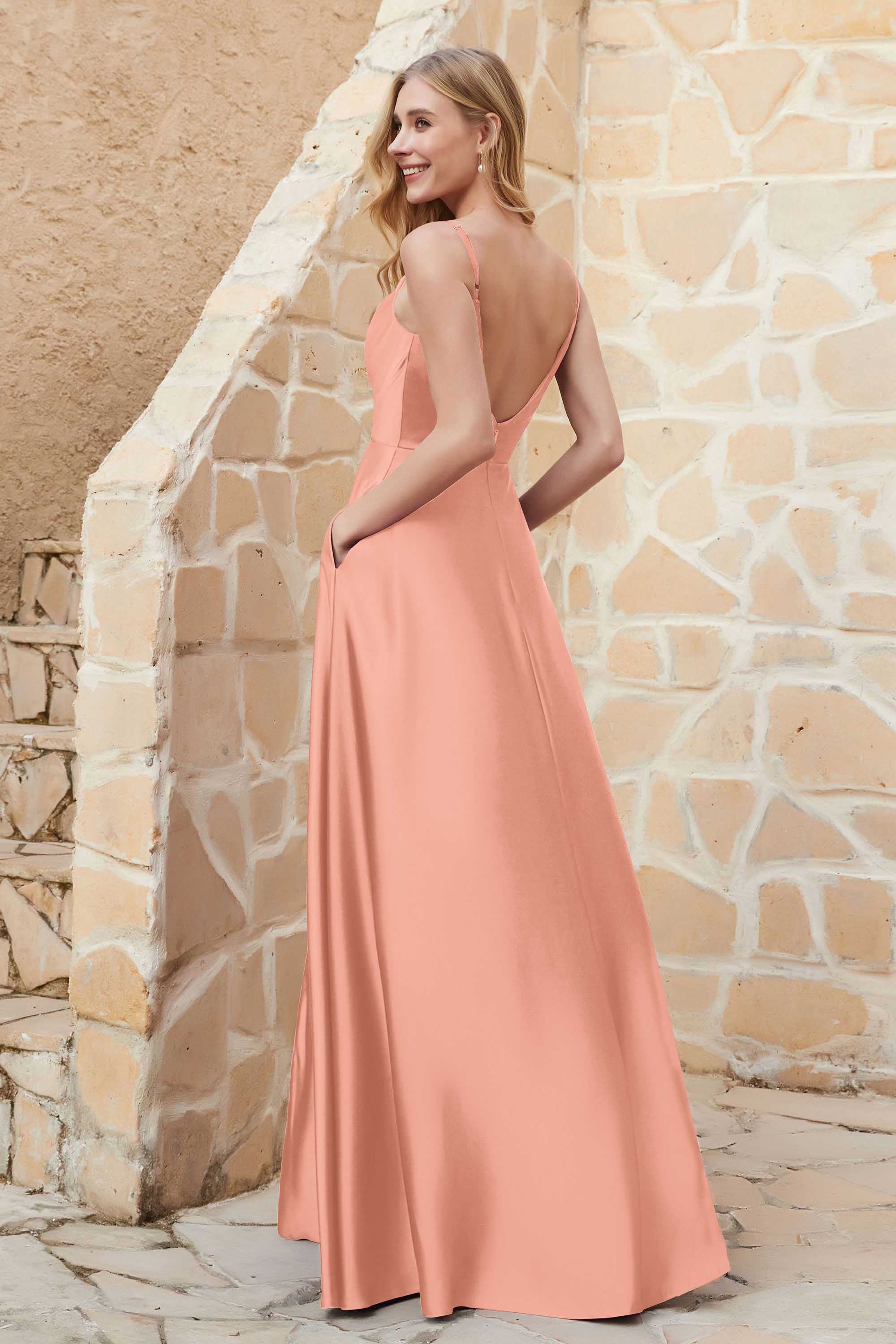 Cowl Neck Satin Floor Length Bridesmaid Dress with Pockets Long Formal Evening Dresses with Slit