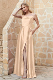 Cowl Neck Satin Floor Length Bridesmaid Dress with Pockets Long Formal Evening Dresses with Slit