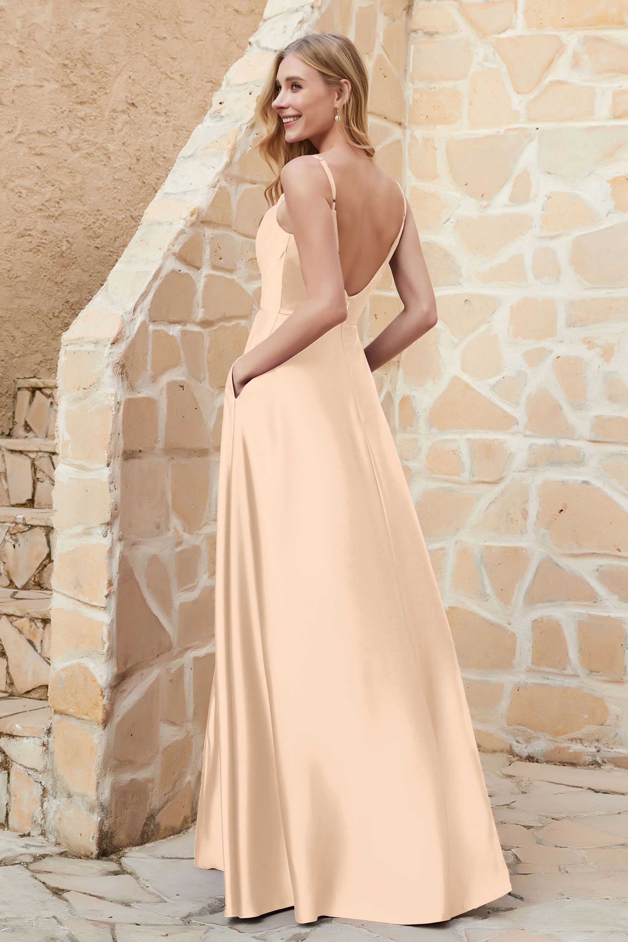 Cowl Neck Satin Floor Length Bridesmaid Dress with Pockets Long Formal Evening Dresses with Slit