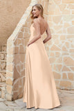 Cowl Neck Satin Floor Length Bridesmaid Dress with Pockets Long Formal Evening Dresses with Slit