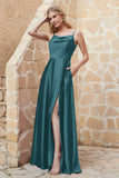 Cowl Neck Satin Floor Length Bridesmaid Dress with Pockets Long Formal Evening Dresses with Slit