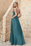 Cowl Neck Satin Floor Length Bridesmaid Dress with Pockets Long Formal Evening Dresses with Slit
