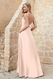 Cowl Neck Satin Floor Length Bridesmaid Dress with Pockets Long Formal Evening Dresses with Slit