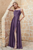 Cowl Neck Satin Floor Length Bridesmaid Dress with Pockets Long Formal Evening Dresses with Slit