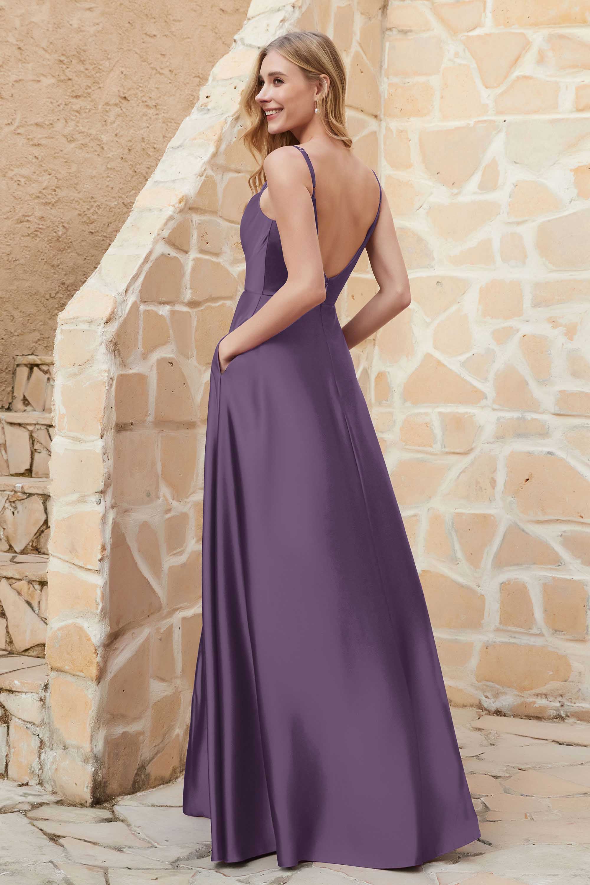 Cowl Neck Satin Floor Length Bridesmaid Dress with Pockets Long Formal Evening Dresses with Slit