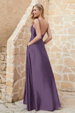 Cowl Neck Satin Floor Length Bridesmaid Dress with Pockets Long Formal Evening Dresses with Slit