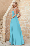 Cowl Neck Satin Floor Length Bridesmaid Dress with Pockets Long Formal Evening Dresses with Slit