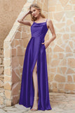 Cowl Neck Satin Floor Length Bridesmaid Dress with Pockets Long Formal Evening Dresses with Slit