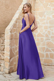 Cowl Neck Satin Floor Length Bridesmaid Dress with Pockets Long Formal Evening Dresses with Slit