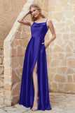 Cowl Neck Satin Floor Length Bridesmaid Dress with Pockets Long Formal Evening Dresses with Slit