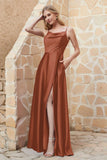 Cowl Neck Satin Floor Length Bridesmaid Dress with Pockets Long Formal Evening Dresses with Slit