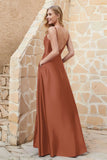 Cowl Neck Satin Floor Length Bridesmaid Dress with Pockets Long Formal Evening Dresses with Slit