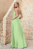 Cowl Neck Satin Floor Length Bridesmaid Dress with Pockets Long Formal Evening Dresses with Slit