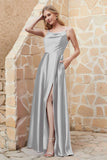 Cowl Neck Satin Floor Length Bridesmaid Dress with Pockets Long Formal Evening Dresses with Slit