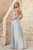 Cowl Neck Satin Floor Length Bridesmaid Dress with Pockets Long Formal Evening Dresses with Slit