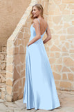 Cowl Neck Satin Floor Length Bridesmaid Dress with Pockets Long Formal Evening Dresses with Slit