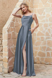 Cowl Neck Satin Floor Length Bridesmaid Dress with Pockets Long Formal Evening Dresses with Slit