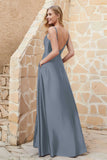 Cowl Neck Satin Floor Length Bridesmaid Dress with Pockets Long Formal Evening Dresses with Slit