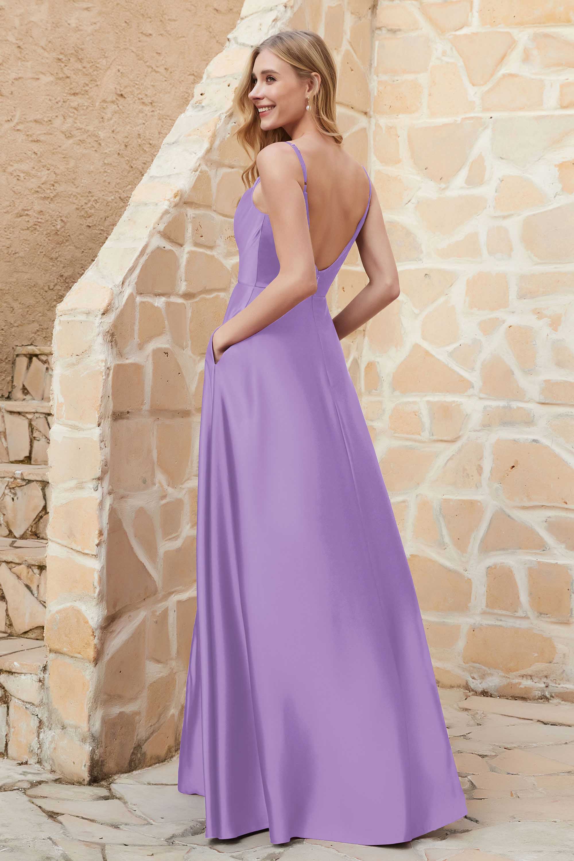 Cowl Neck Satin Floor Length Bridesmaid Dress with Pockets Long Formal Evening Dresses with Slit